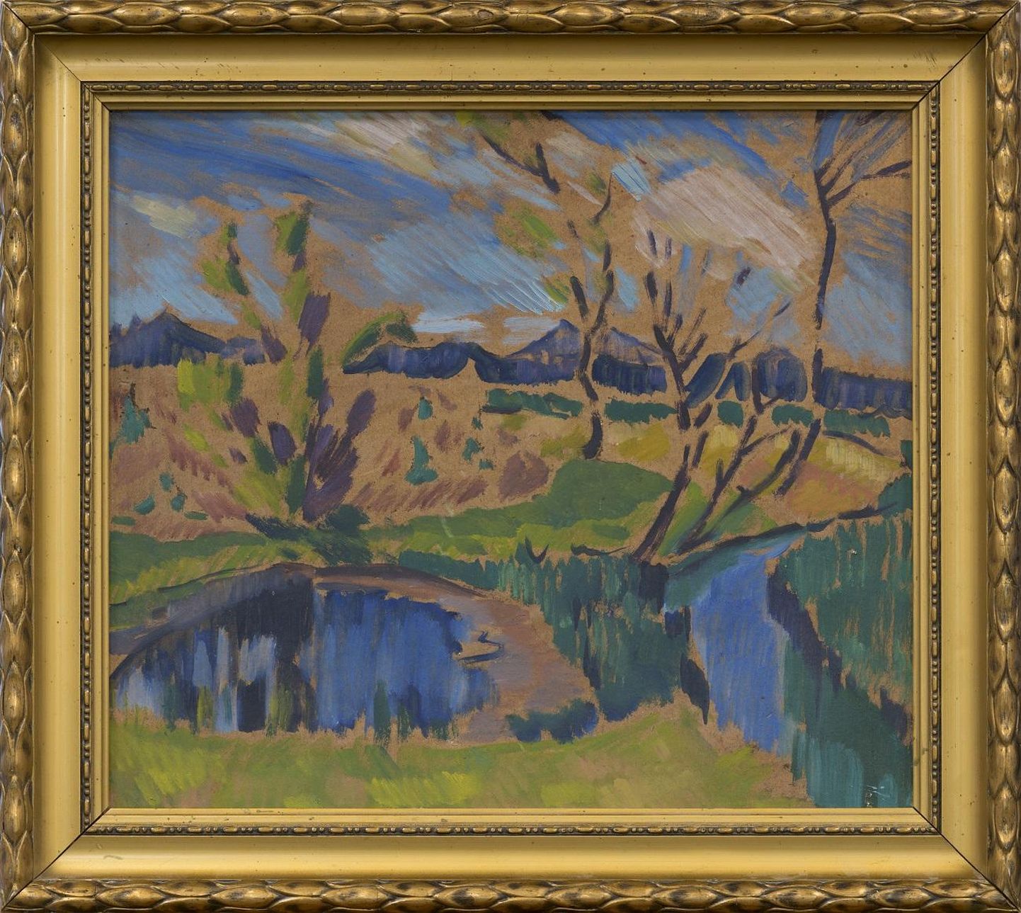 Konrad Mägi. «Maastik». 1920–21. Õli. Papp. 42,2 x 47,8 cm. Maal läheb Vernissage galeriis oksjonile alghinnaga 100 000 eurot.