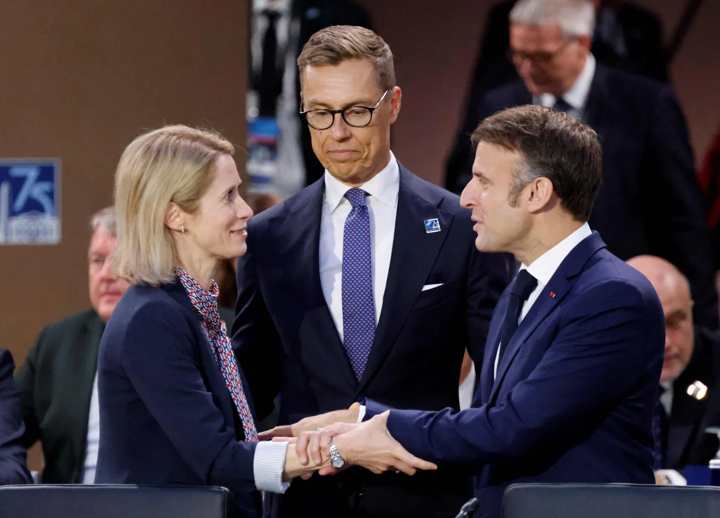 Kaja Kallas, Soome president Alexander Stubb ja Prantsuse president Emmanuel Macron NATO tippkohtumisel.