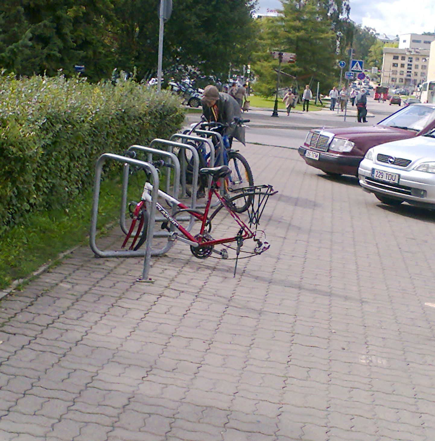 Vaatepilt Tartu avaturu juures 5. septembril. Jalgrattahoidja küljes ripub ratasteta raam.