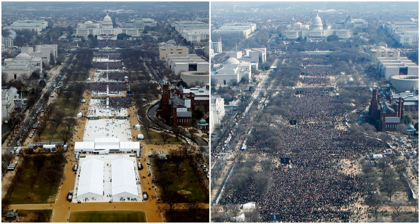 Vasakul: Donald Trumpi inauguratsioonitseremooniale saabunud pealtvaatajad 2017. aasta 20. jaanuaril. Paremal: Barack Obama inauguratsioonitseremooniale saabunud pealtvaatajad 2009. aasta 20 jaanuaril. Mõlemad pildid tehti umbes samal kellaajal.