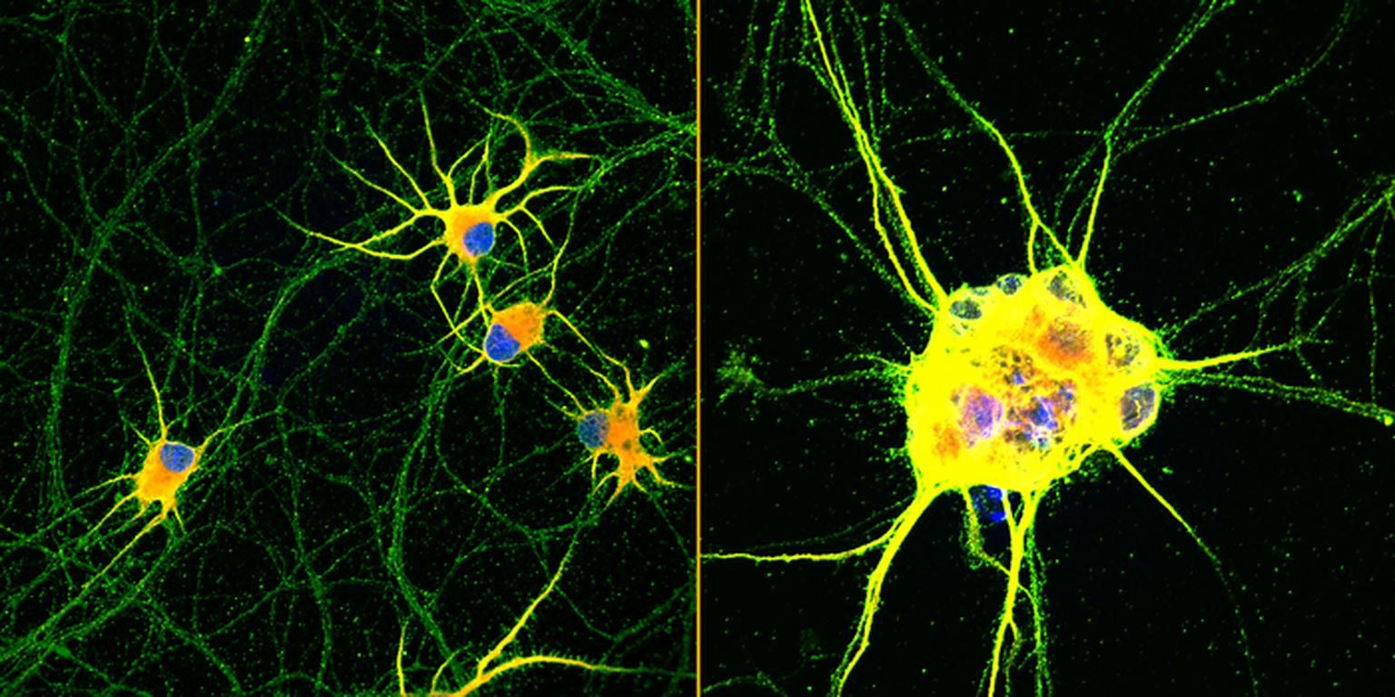 Vasakul on Northwesterni ülikoolis leiutatud nn tantsivate molekulide tehnoloogia abil 60 päevaga kasvatatud, hajali paiknevad ning paljude vajalike hargnevate ühendustega inimese närvirakud (kollased, rohelised, sinised). Paremal on seniste võimalustega kasvatatud neuronid, mis on suuresti kokkukleepunud.