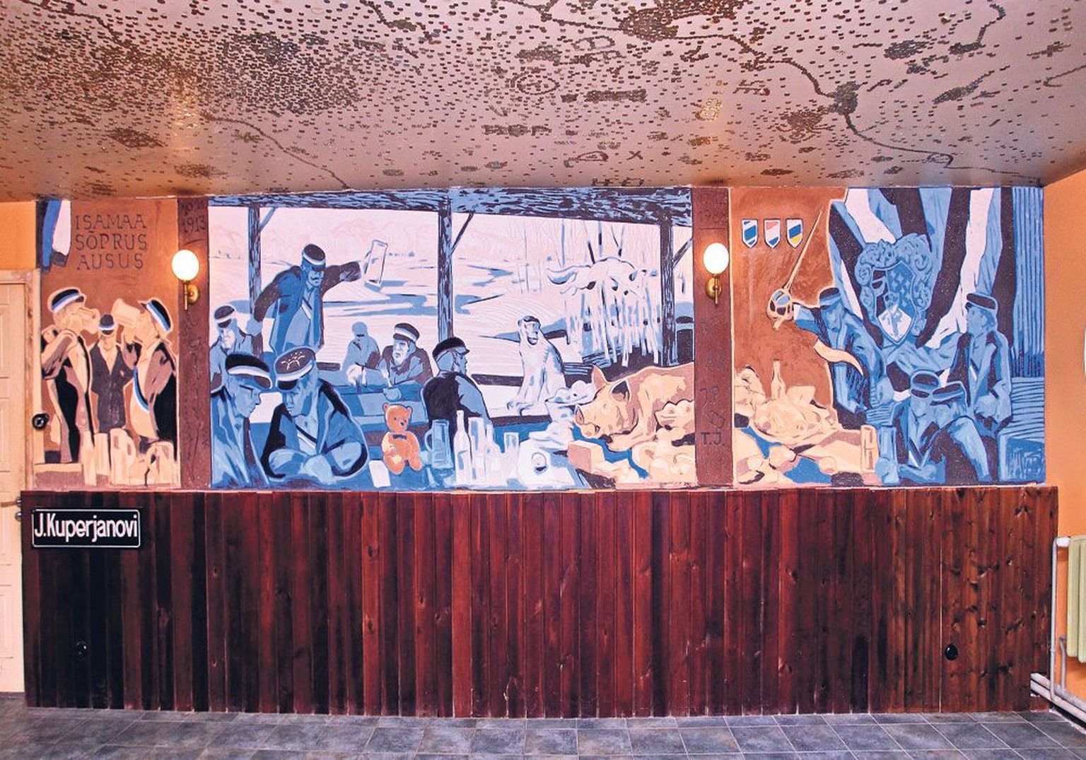 Korporatsiooni  Ugala keldrikorruse ühe ruumi  seinal on äsja valminud  sgrafiitotehnikas teos, millel on kõrgust 1,5 ja laiust 6,3 meetrit.
