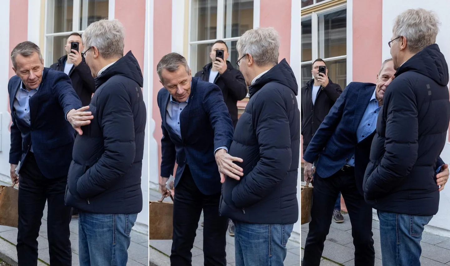 Relvakontroll. Rahandusminister Jürgen Ligi otsis meeleavaldusele tulnud rahvasaadik Jaak Valge taskust relva.