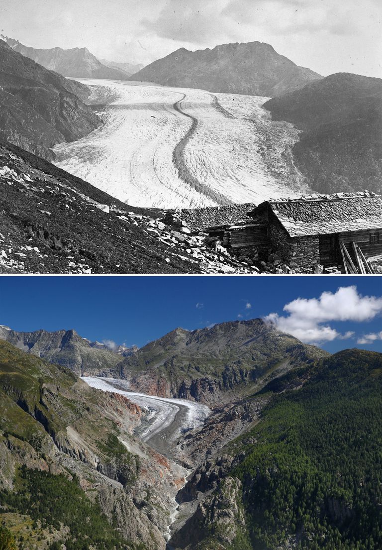Šveitsi Aletsch liustik 1865. aasta fotol (üleval) ja 3. septembril 2019 tehtud fotol.