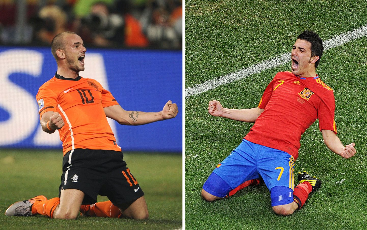 Hollandi poolkaitsja Wesley Sneijder (vasakul) ja Hispaania ründaja David Villa kandideerivad mõlemad turniiri parima mängija auhinnale.
