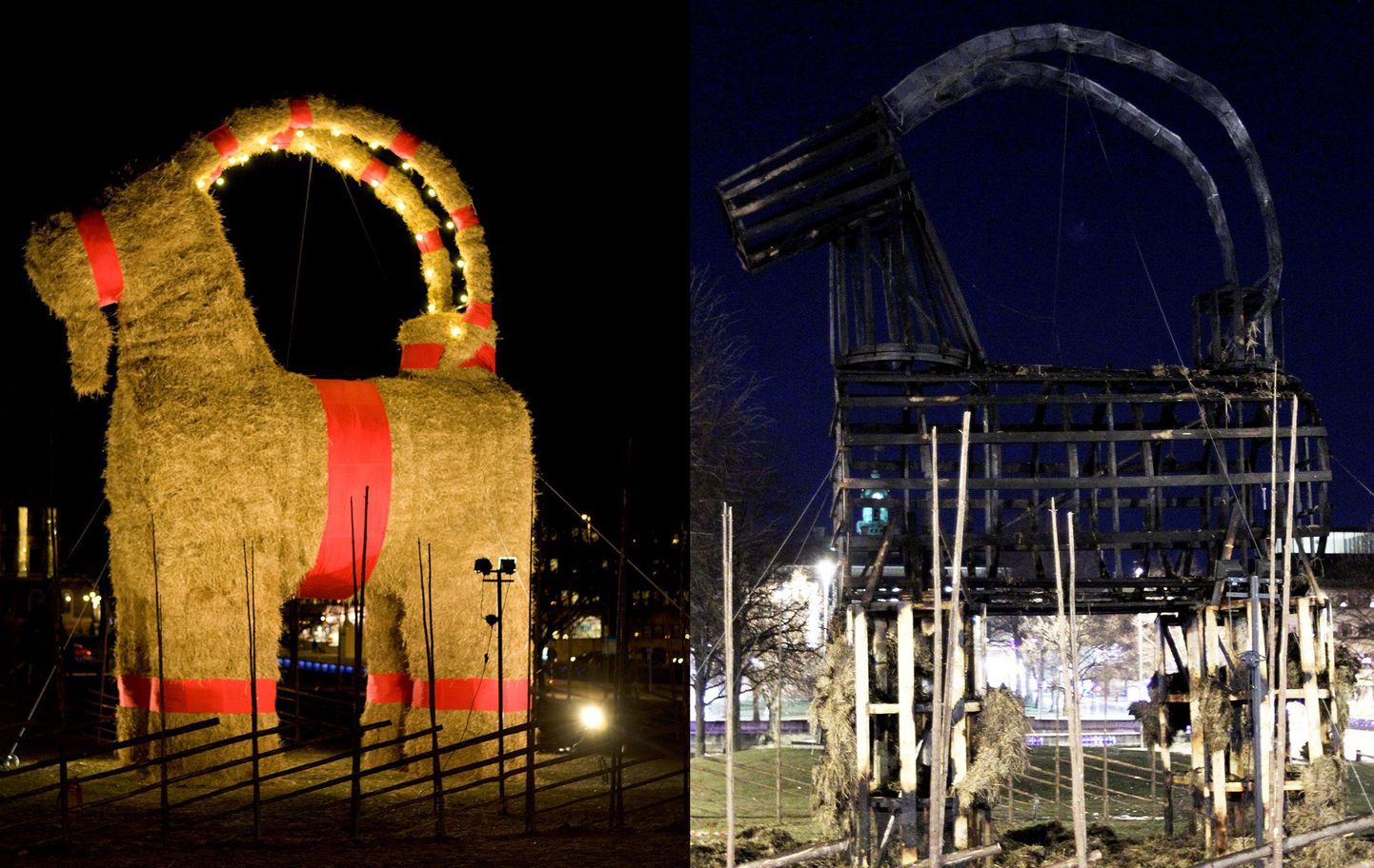 В шведском городе Евле 21 декабря сожгли традиционного рождественского козла, установленного в центре города.
