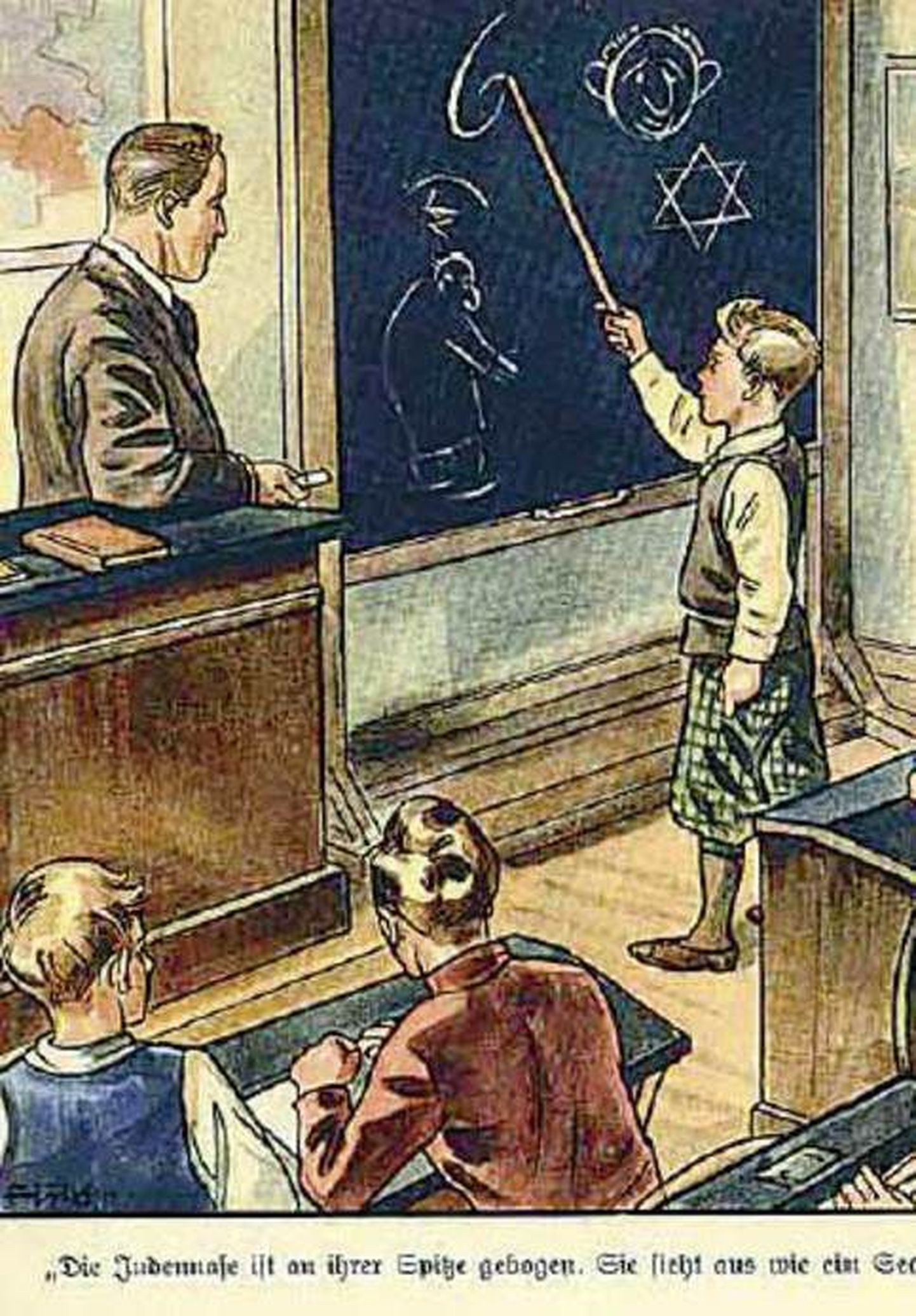 «Mürgiseene» esmatrüki illustratsioonil õpetatakse lapsi juute ära tundma ninakuju järgi.