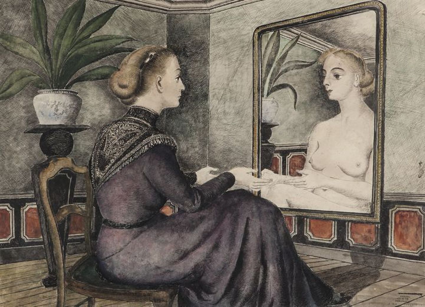 Paul Delvaux (1897–1994)"Naine peegli ees" 1948 Tušš, akvarell. Erakogu, deponeeritud Musée d’Ixelles’i, Brüssel