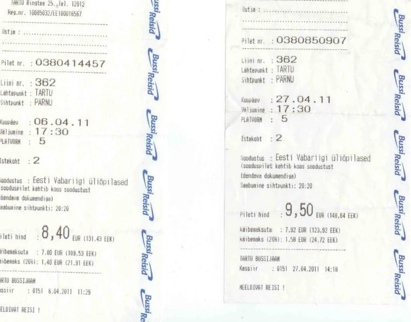 Bussipiletid enne ja pärast hinnatõusu.