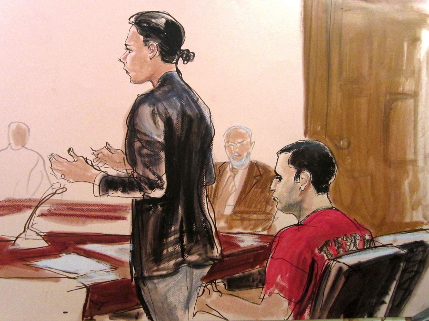 Kohtukunstniku joonistus Gilberto Vallest (paremal) mullu oktoobris Manhattani föderaalkohtus.