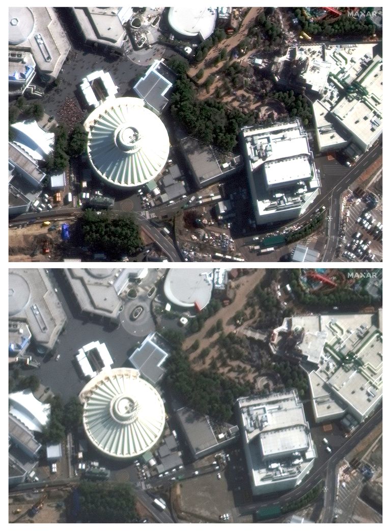 Jaapani Tokyo Disneyland enne (üleval) ja pärast koroonaviiruse epideemia puhkemist.