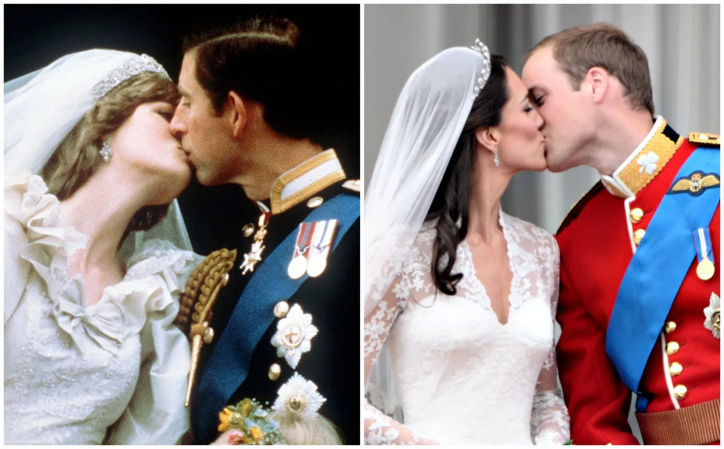 TO GO WITH AFP STORY BY JUDITH EVANS
(FILES) - A file combo picture shows Britain's Prince Charles kissing Diana, Princess of Wales, during their wedding in London on July 29, 1981 and (on right) Britain's Prince William kissing his wife Kate, Duchess of Cambridge, on the balcony of Buckingham Palace on April 29, 2011, in London. As Prince William's wife Catherine prepares to give birth to a new heir to the throne, she faces renewed comparisons with her late mother-in-law, Princess Diana, whom she never met. AFP PHOTO