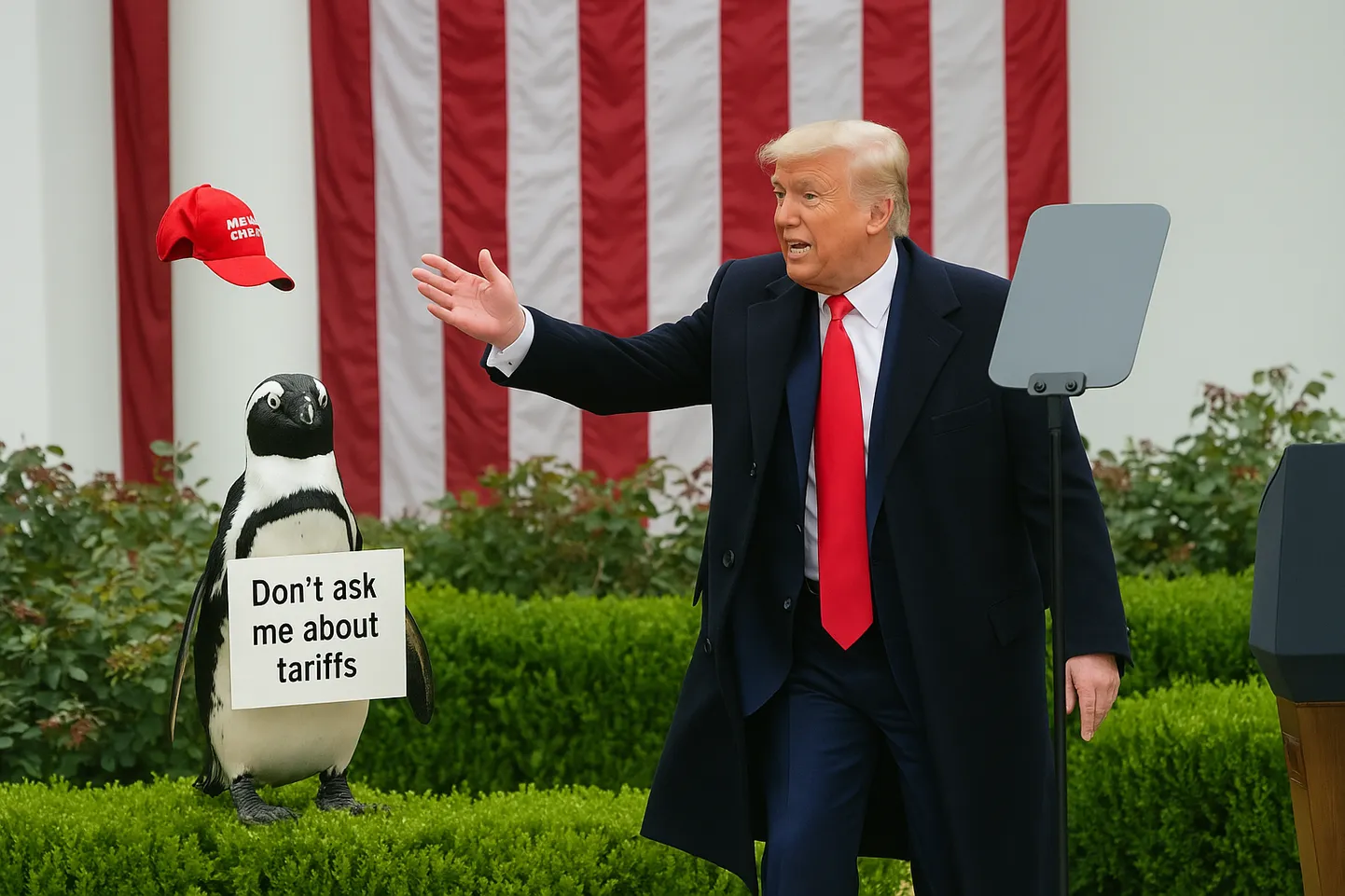 Fotokollaaž pingiviinist ja Trumpist «vabastuspäeval» nokatsit rahva sekka viskamas. 2. aprill 2025.