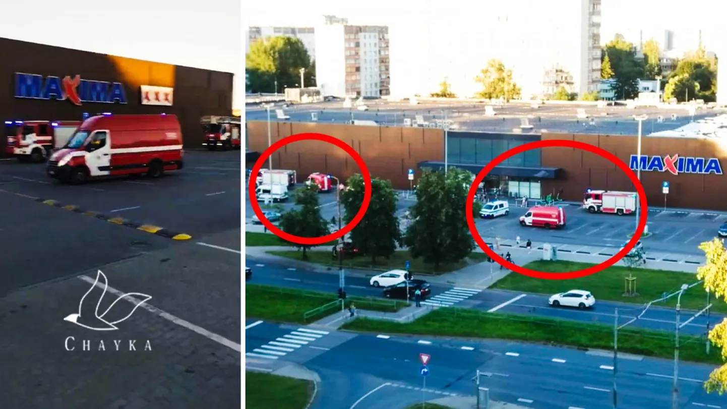 Экипаж полиции, скорой и ГПСС у торгового центра «Maxima» в Плявниеках (г.Рига) 3 июля 2022 года. Слева: скриншот из видео очевидца. Автор: Павел Фёдоров. Справа: фото очевидца. Автор: Дмитрий Шилин. Коллаж: chayka.lv