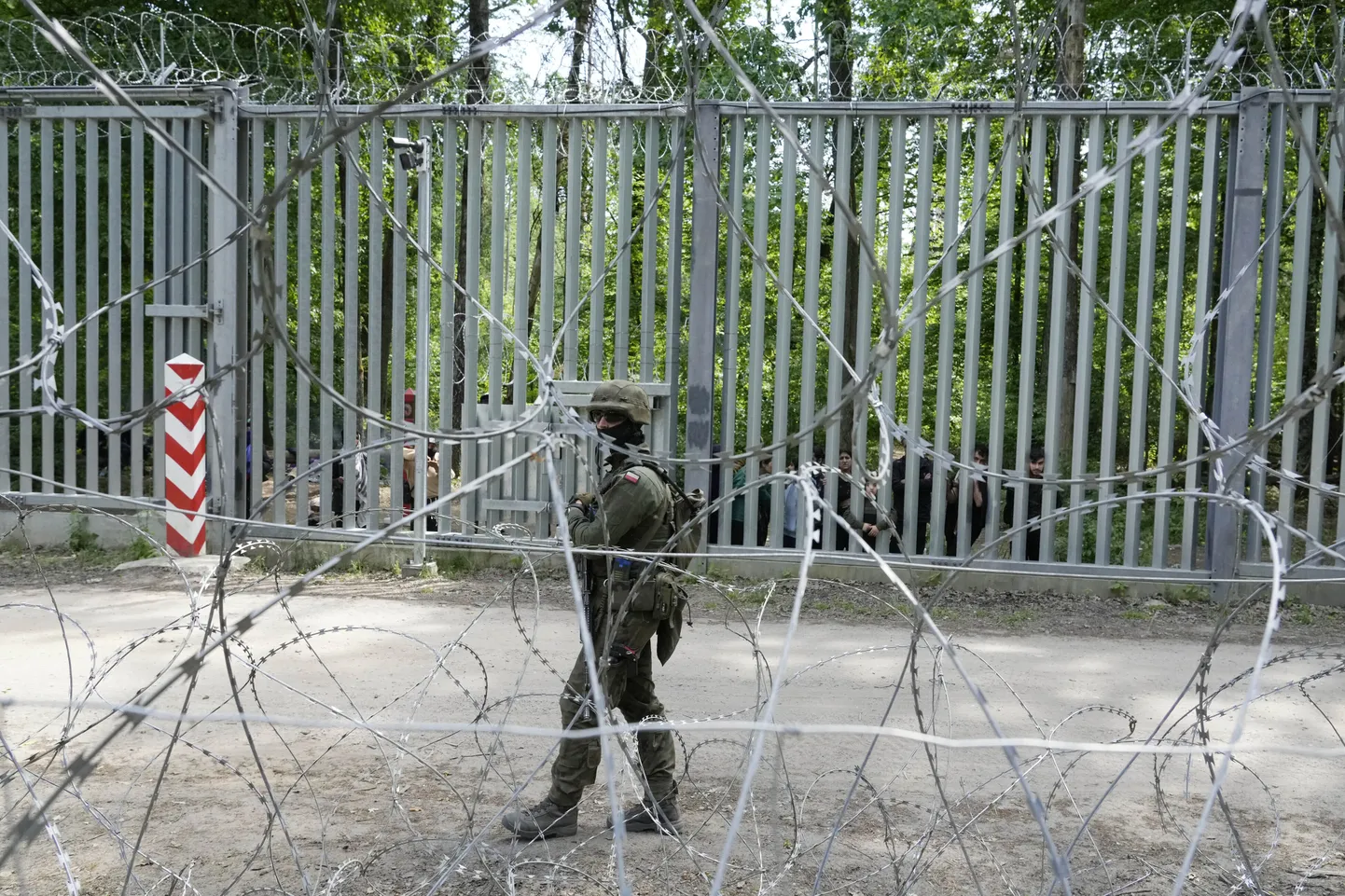 Poola sõdur patrullimas Poola-Valgevene piiritara juures, selle taga on näha migrante.