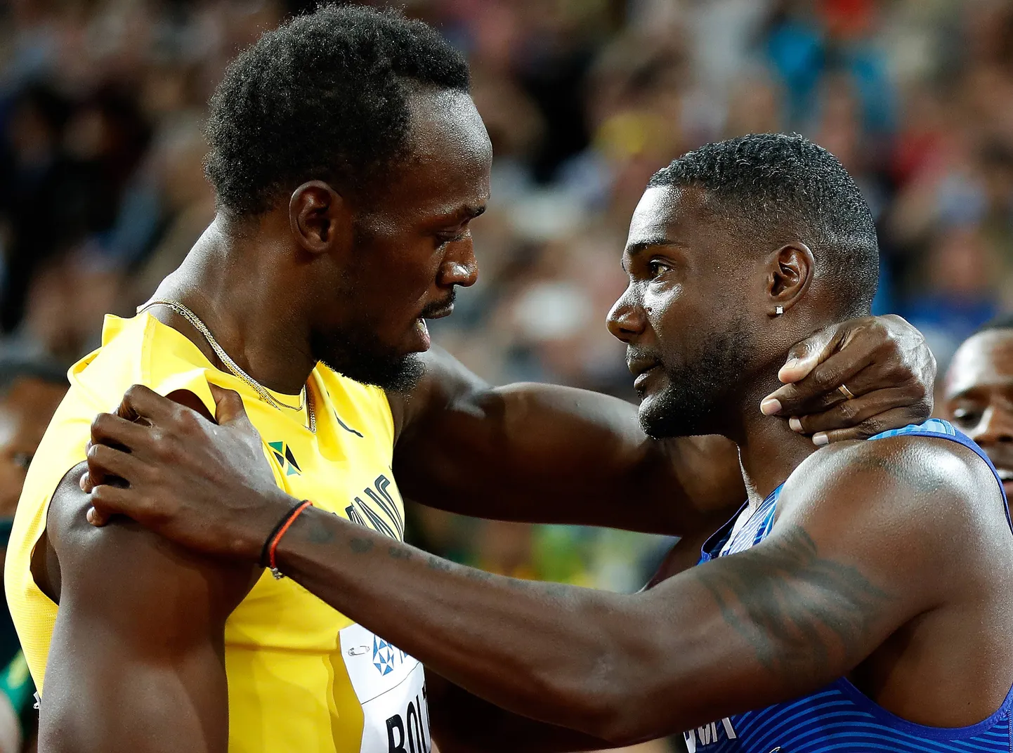 Justin Gatlin (paremal) ja Usain Bolt suvisel Londoni MM-il.