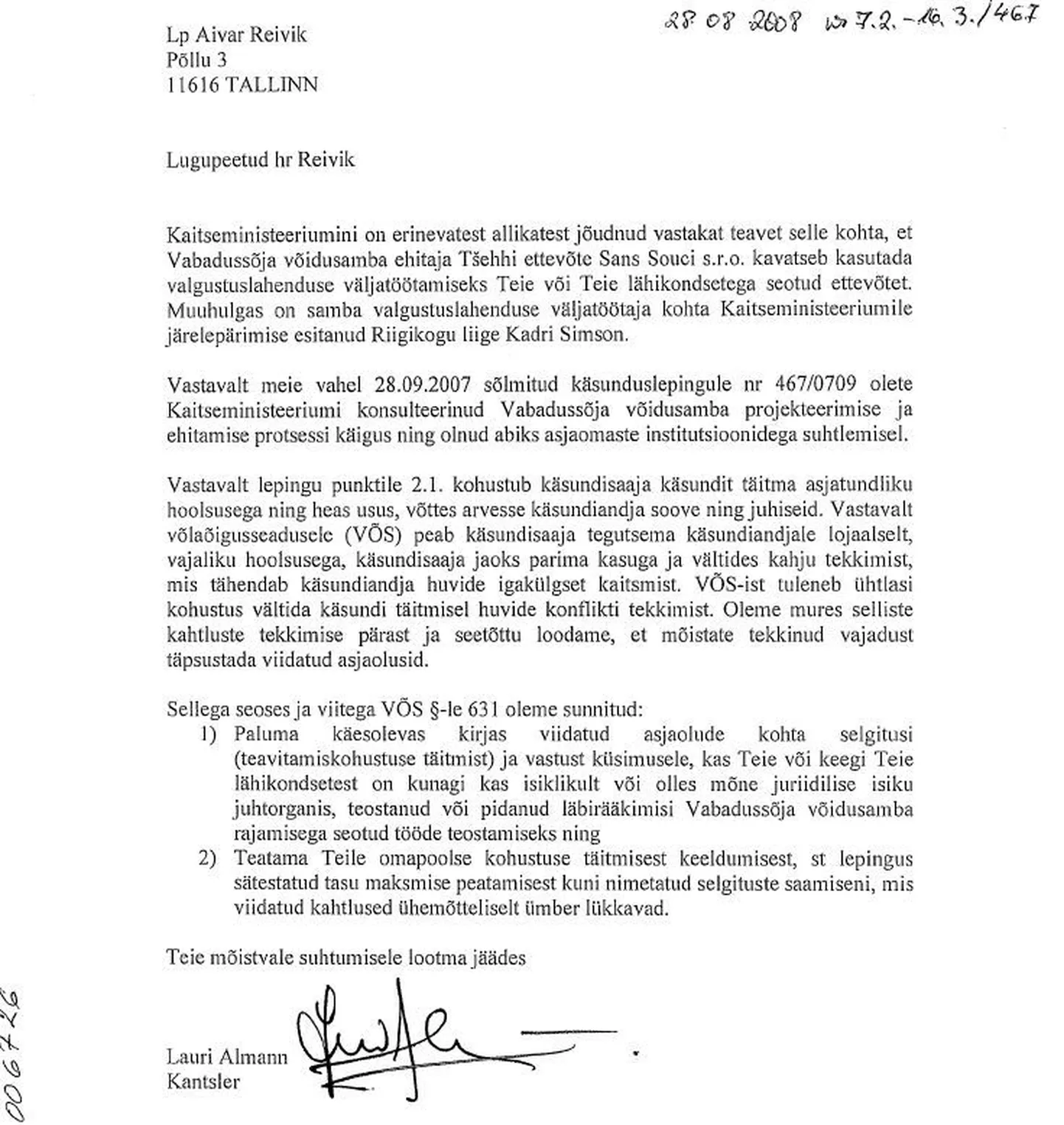 Ministeeriumi kiri Aivar Reivikule
