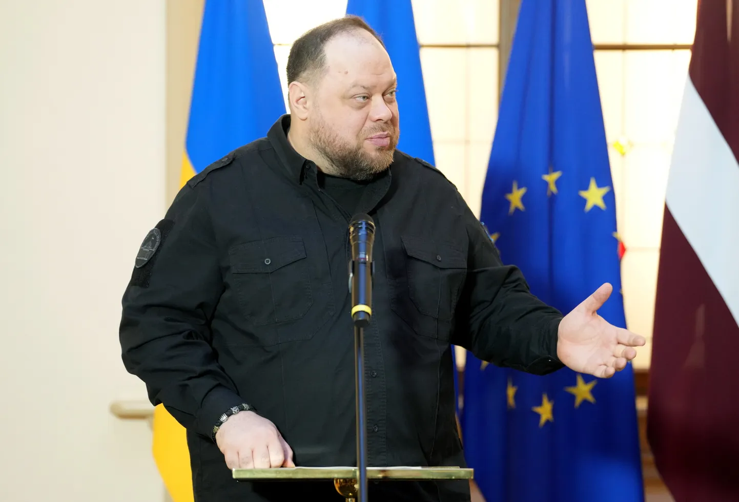 Ukrainas Augstākās Radas priekšsēdētājs Ruslans Stefančuks piedalās preses brīfingā pēc tikšanās ar Latvijas Saeimas priekšsēdētāju Saeimā.