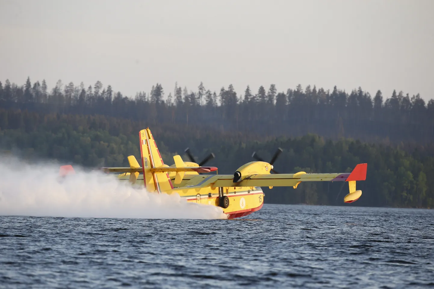 Itaalia tuletõrjelennuk võtab Horende järvest vett, et kustutada Rootsi metsapõlengut.