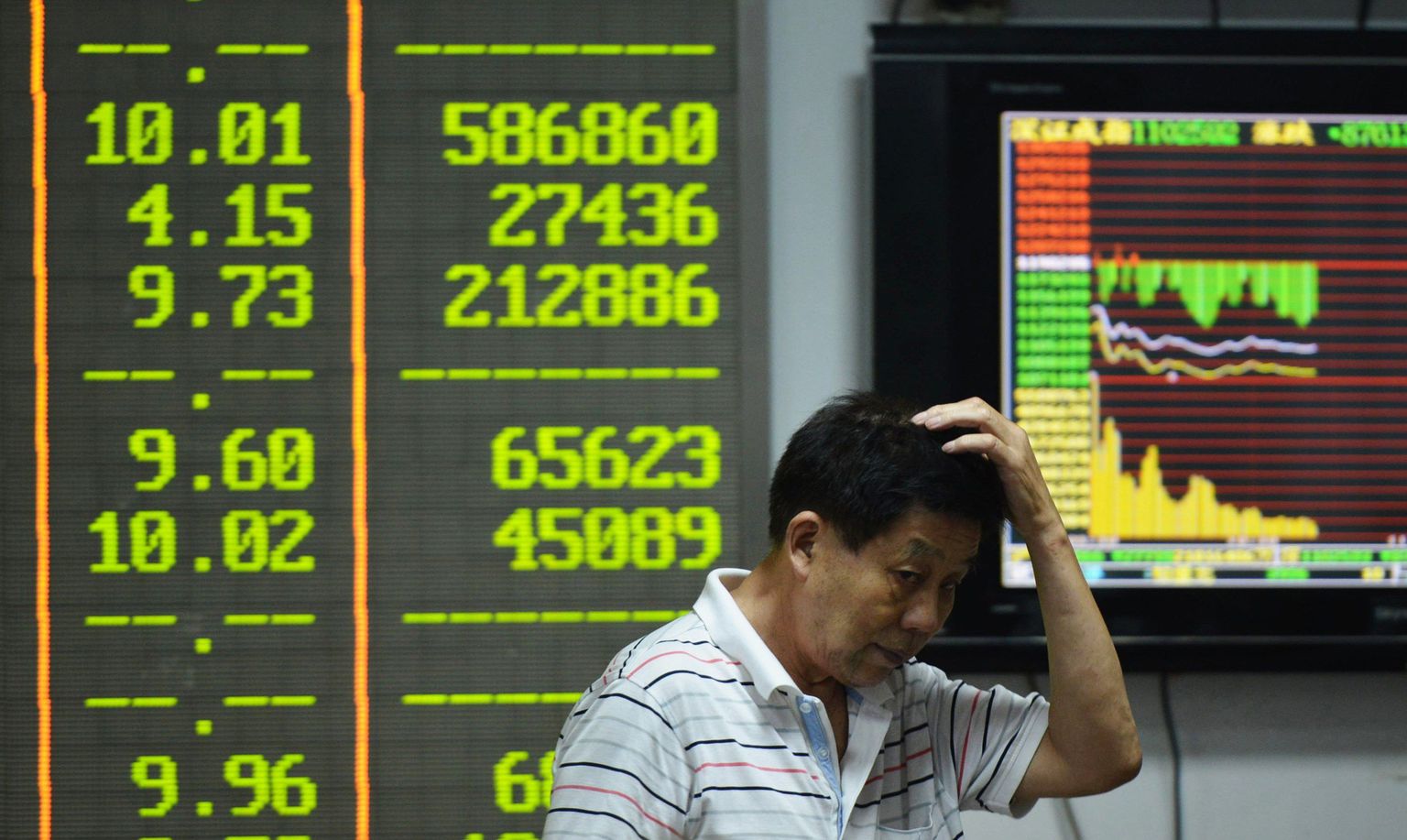 Murelik investor Hiina aktsiakursse näitava tabloo ees.