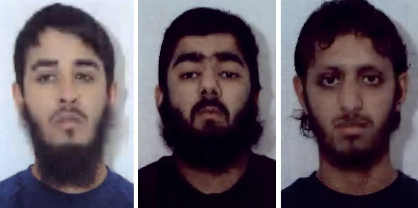 Islamistid (vasakult) Mohammed Jahan, Usman Khan ja Nazam Hussain, kes plaanisid Londoni börsihoone õhkimist.
