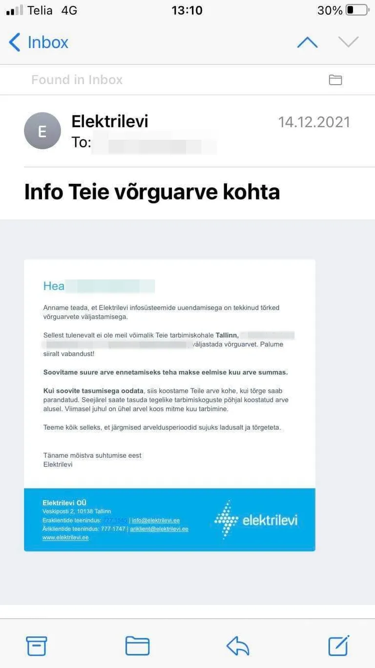 Elektrilevi ei suuda süsteemiuuenduse tõttu arveid saata.