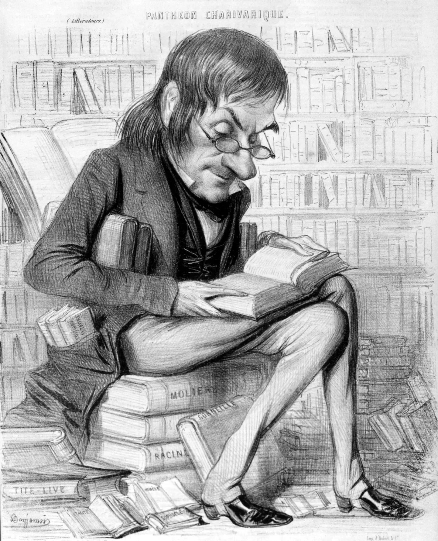 Karikatuur Prantsuse kirjanikust Charles Nodierist 1844. aastal. Autor: Benjamin Roubaud (1811-1847).