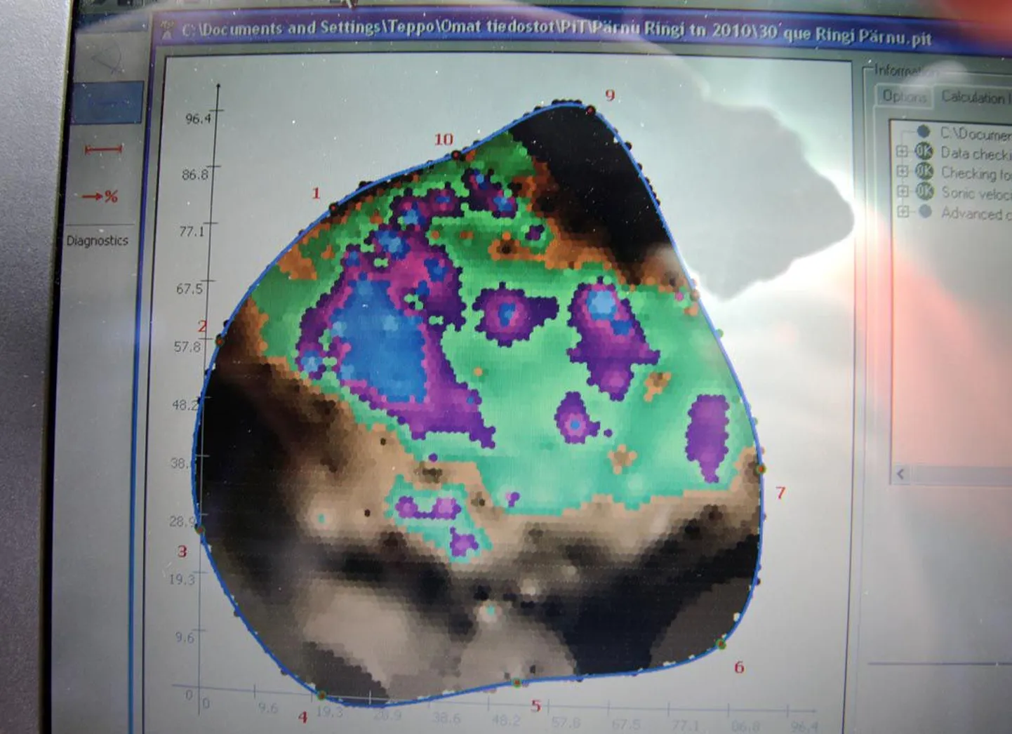 Dendrolooog Teppo Suoranta uurib üht Ringi tänava puud. Tomograaf produtseerib arvutikuvarile pildi tüve ristlõikest - sinine värv tähistab mädanikku.