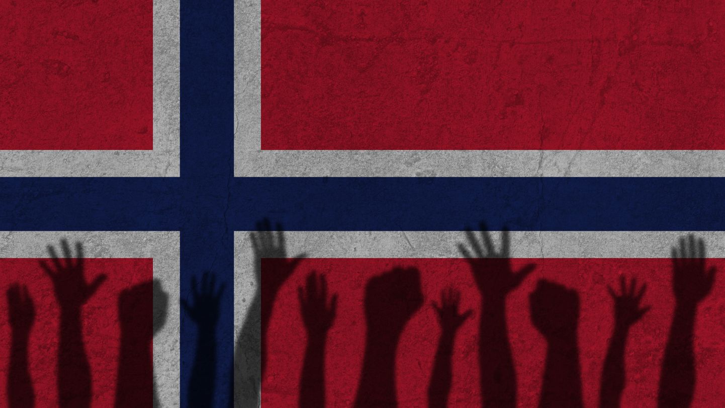 Joonistus Norra lipust ja protestijate kätest