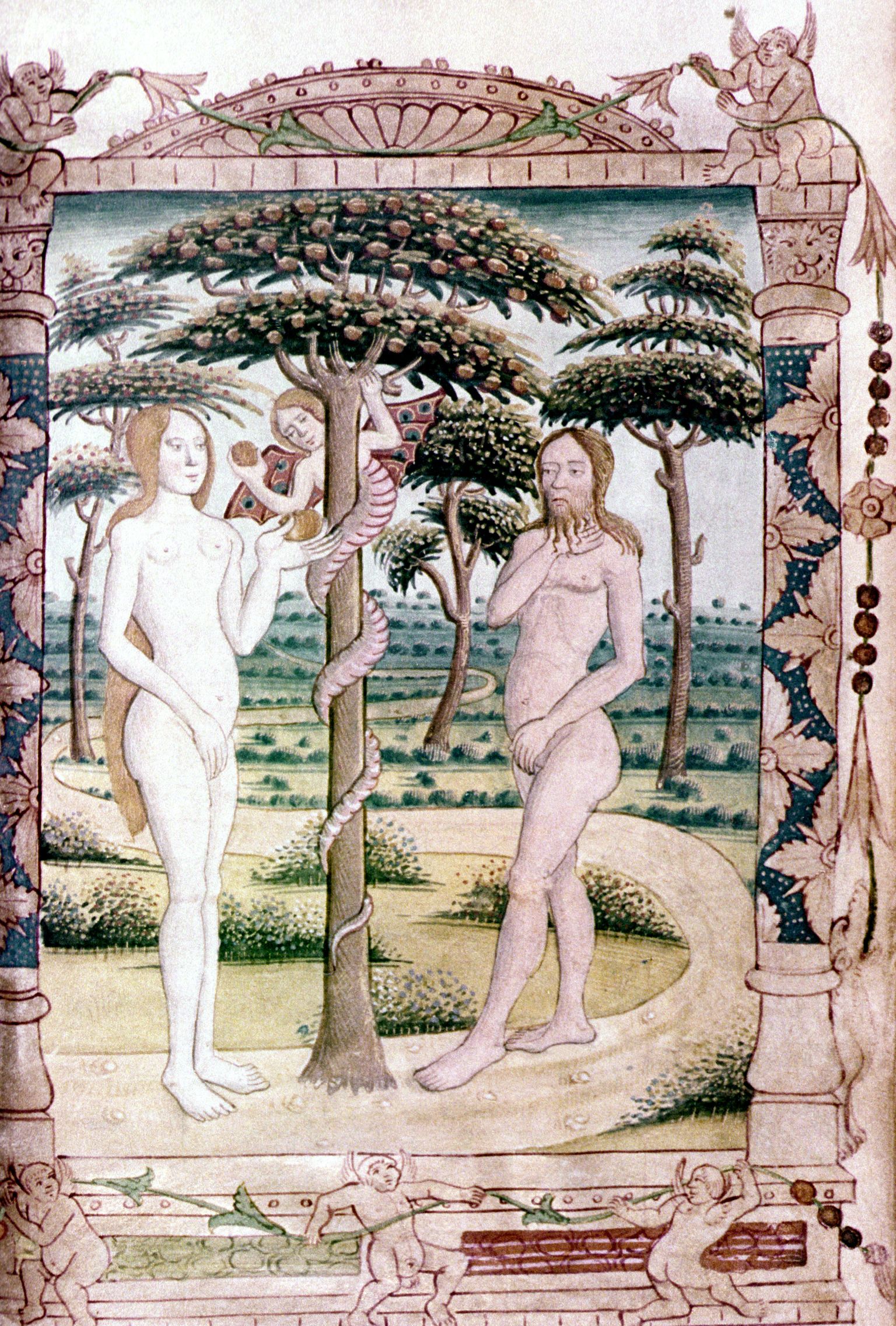 Keskaegne käsikiri, millel on kujutatud Aadamat ja Eevat