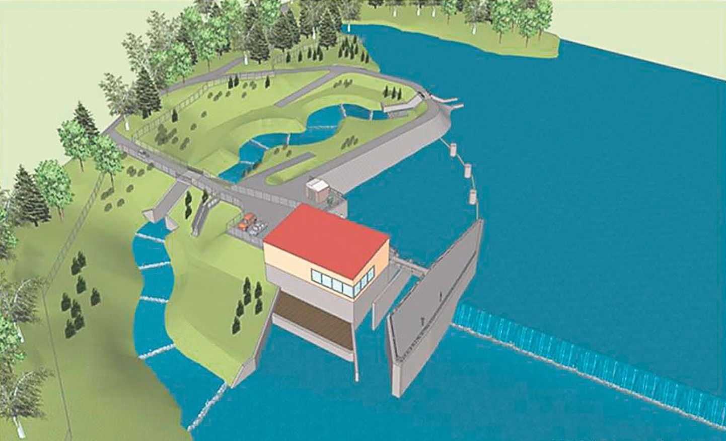 3D-vaade Sinti plaanitavale hüdroelektrijaamale ja kalapääsule.