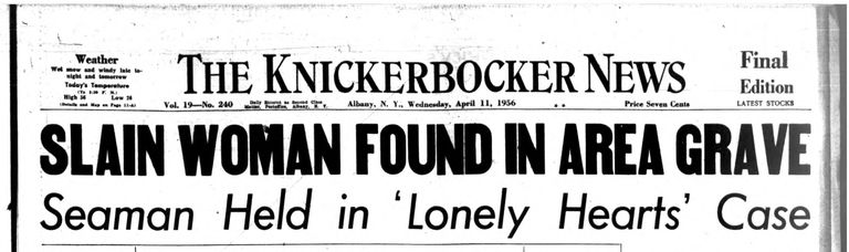 Alex Hannuse mõrvalugu kajastanud USA ajalehe The Knickerbocker News päis 1956. aasta 11. aprillil.