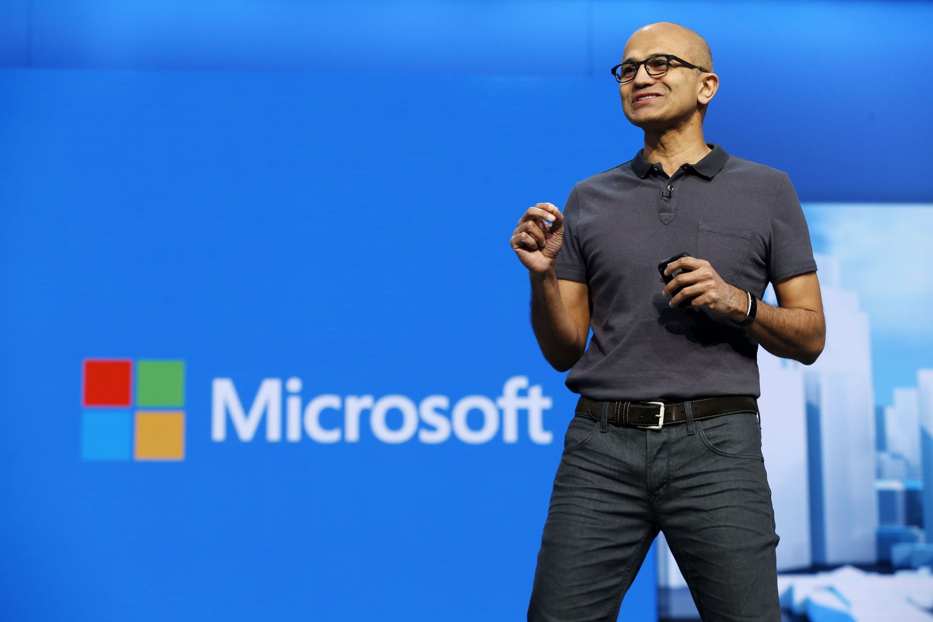 Microsoft CEO Satya Nadella delivers the keynote address during the Microsoft Build 2016 Developer Conference in San Francisco, California in this March 30, 2016, file photo. Microsoft Corp has sued the U.S. government for the right to tell its customers when a federal agency is looking at their emails, the latest in a series of clashes over privacy between the technology industry and Washington.  REUTERS/Beck Diefenbach/Files