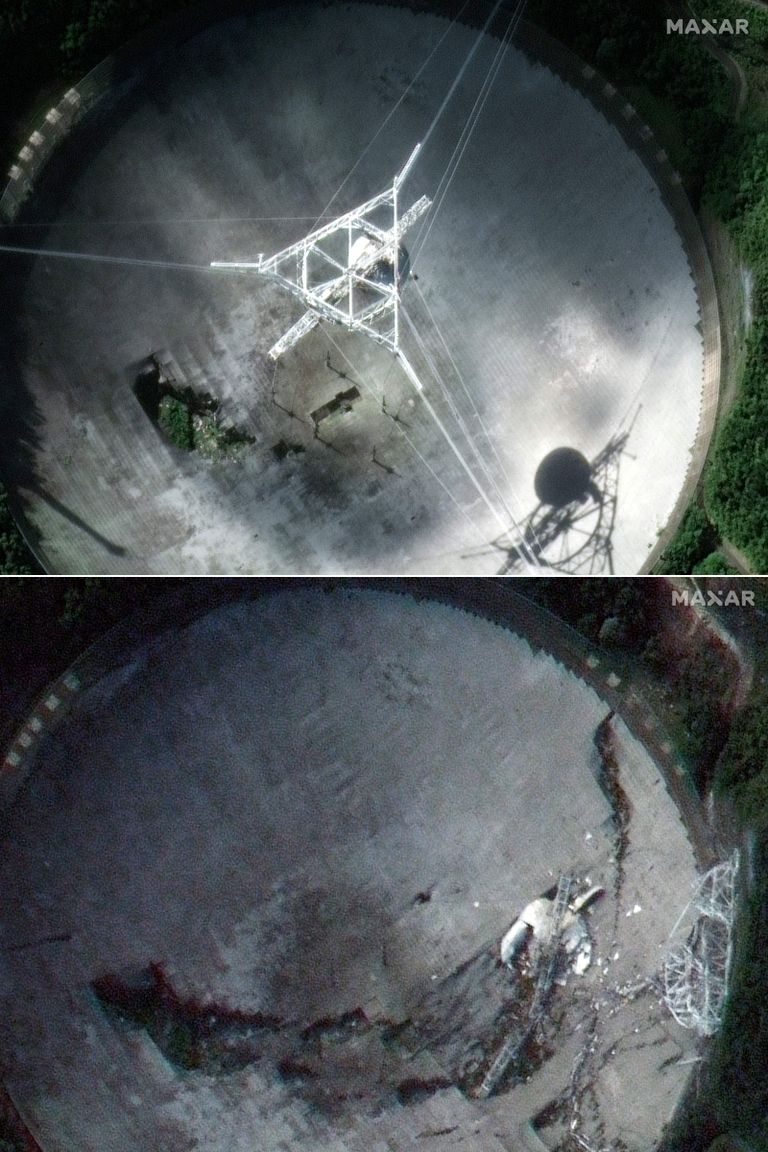 Satelliidipilt Arecibo observatooriumi raadioteleskoobist. Ülemisel pildil on raadiovastuvõtja veel üleval, alumisel aga kukkunud teleskoobi taldrikule.