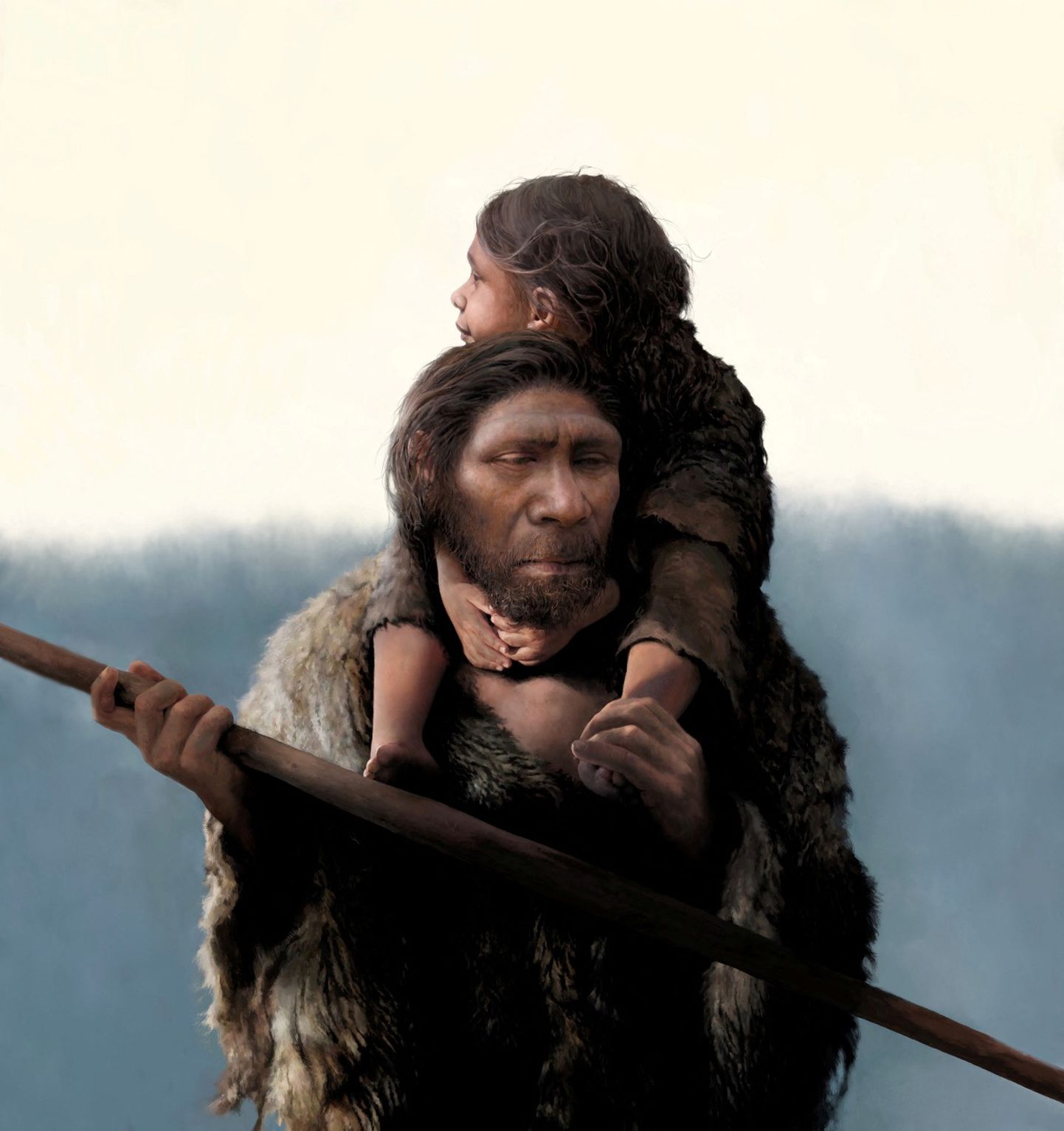 Neandertālietis ar bērnu pičpaunā