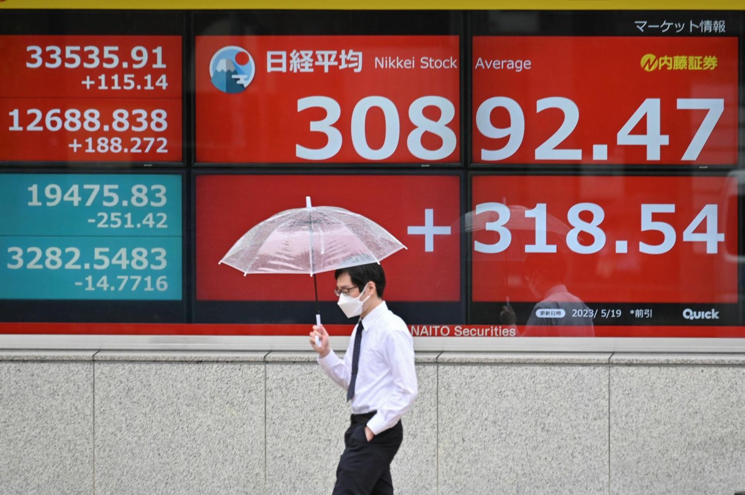 Mees kõnnib Tokyo börsihoone eest läbi. Börsiindeks näitab 33 aasta kõrgeimat taset.