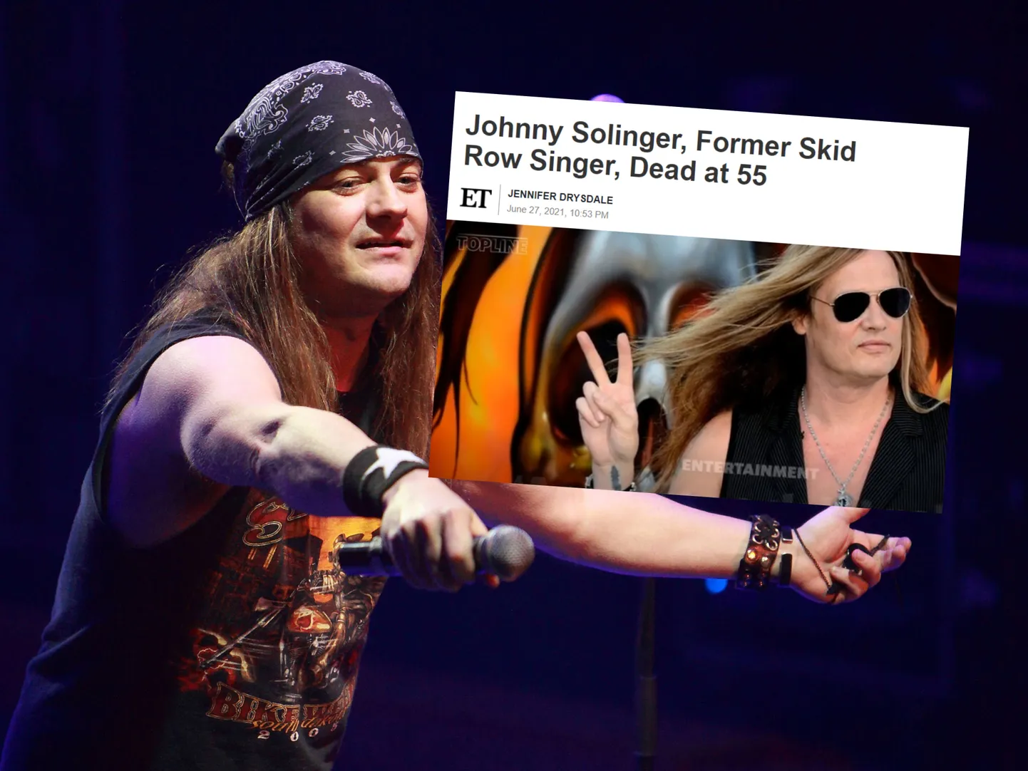 Skid Row ekslaulja Johnny Solinger ja surmauudis, kus on hoopis Sebastian Bachi pilt.