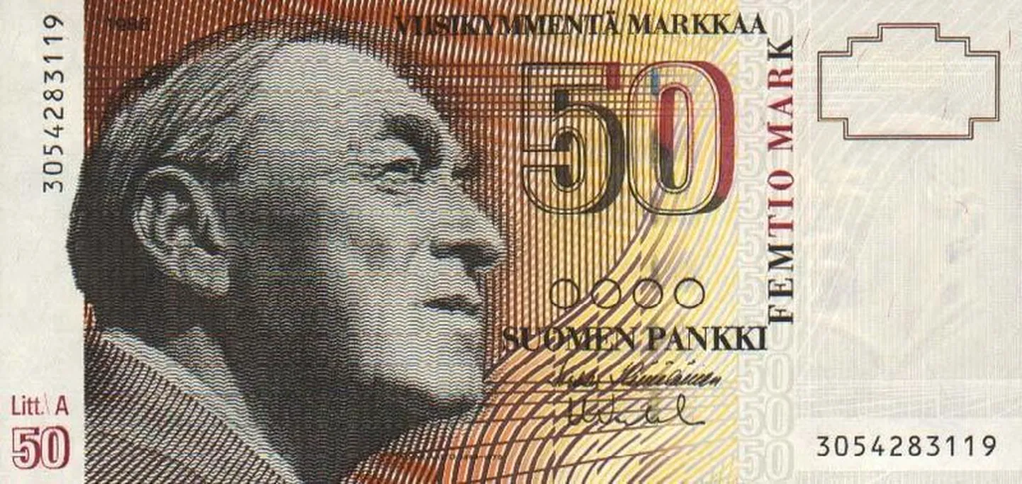 50-margane paberraha, millel on arhitekti ja disaineri Alvar Aalto pilt.