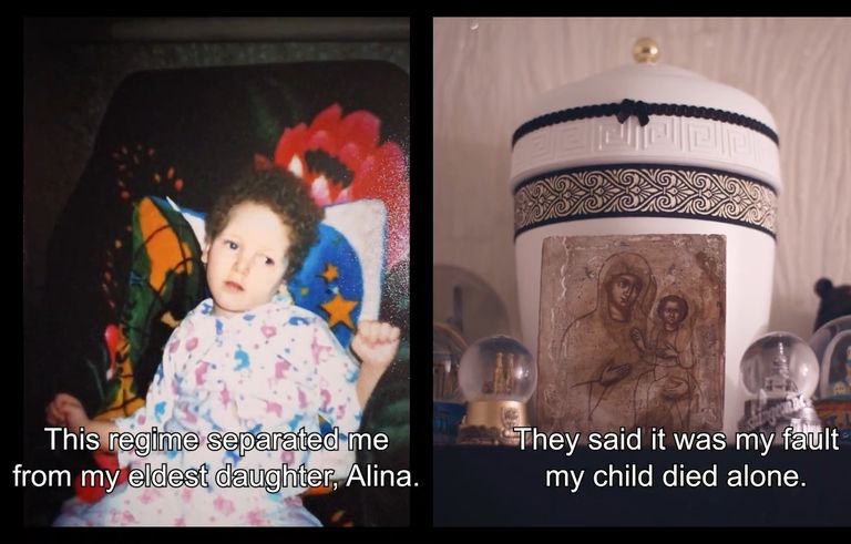 Фотография дочери Анастасии Шевченко и урна с прахом погибшего ребенка. Коллаж из скриншотов трейлера фильма «Anastasia», который был представлен в Таллинне 13 декабря 2022 года.