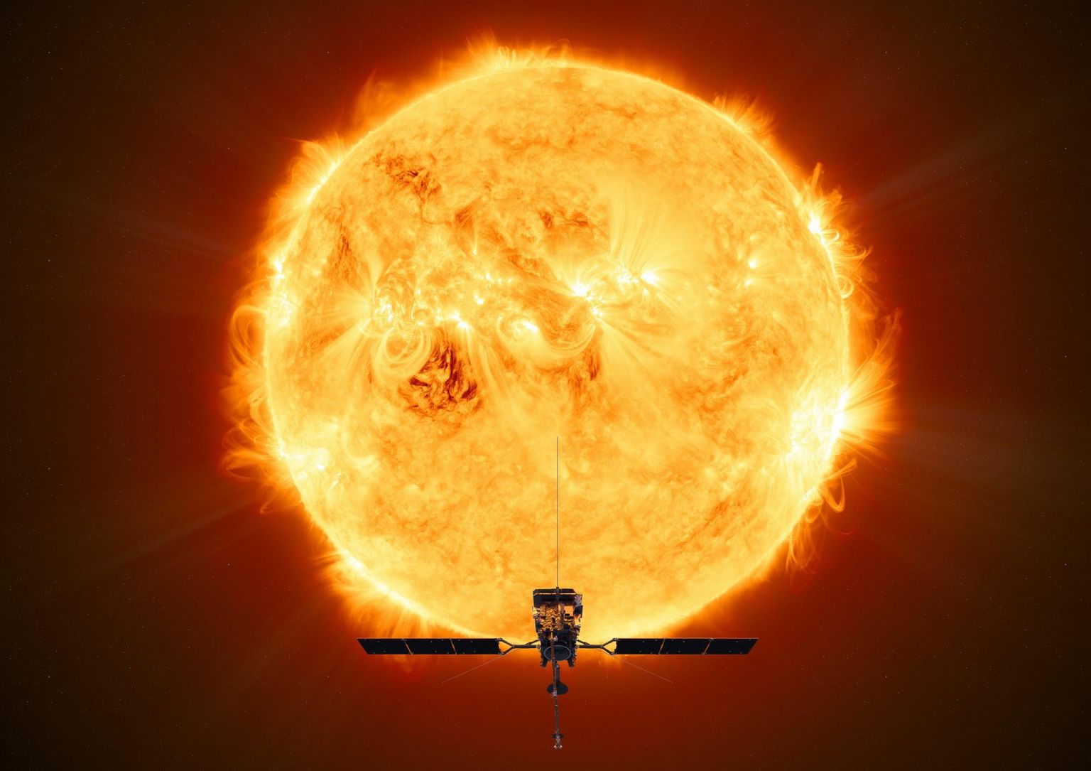 Euroopa Kosmoseagentuuri Solar Orbiter Päikese taustal.