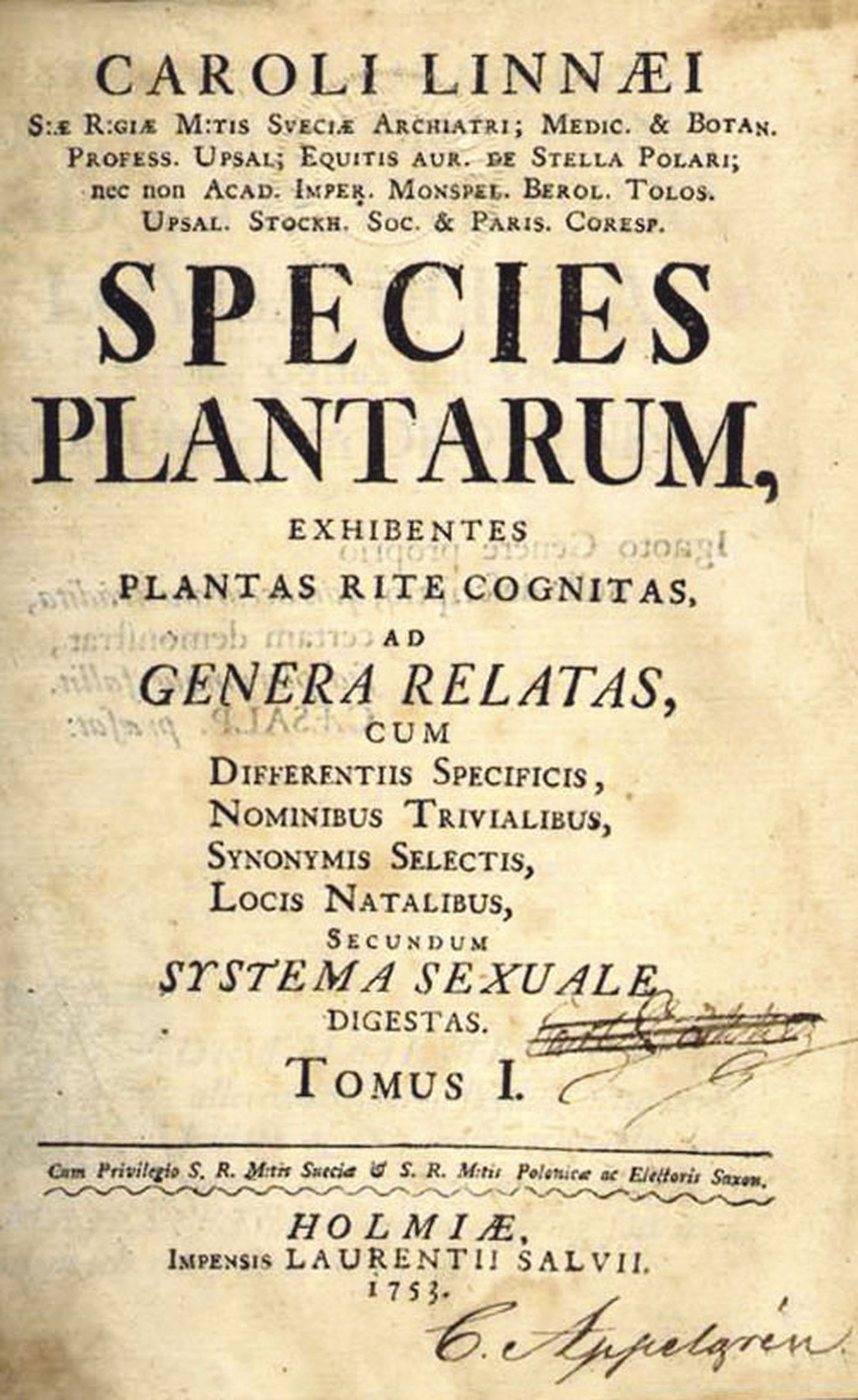 1753. aastal ilmunud teose «Species Plantarum» tiitelleht. See oli esimene teos, milles Carl von Linné esitas taimeliikide nimed kaheosaliste ladinakeelsete nimetustena.