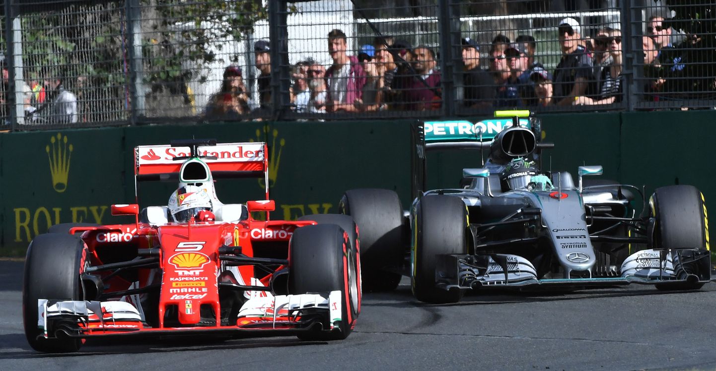 Sebastian Vettel (vasakul) suutis küll stardis Mercedeseid üllatada, ent võit läks lõpuks ikka Nico Rosbergile.