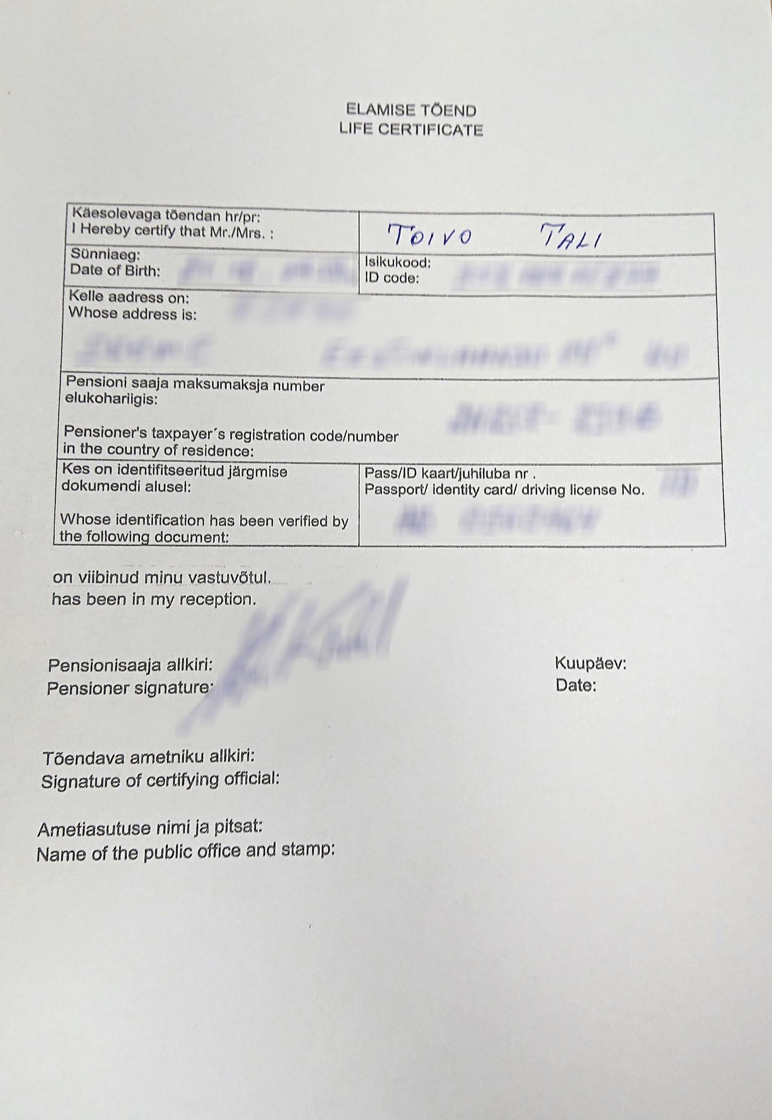 Elusoleku formular, mis tuleb välismaal elavatel Eesti pensionäridel täita igal aastal.