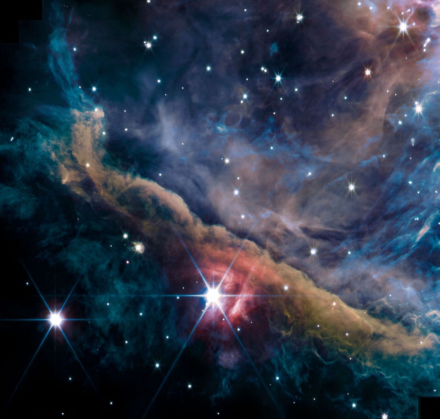 James Webbi kosmoseteleskoobi lähi-infrapunakaamera jäädvustus Orioni udukogust.