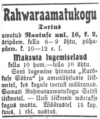 Raamatukogu avamise kuulutus ajalehes Kiir 30. märtsil 1913.