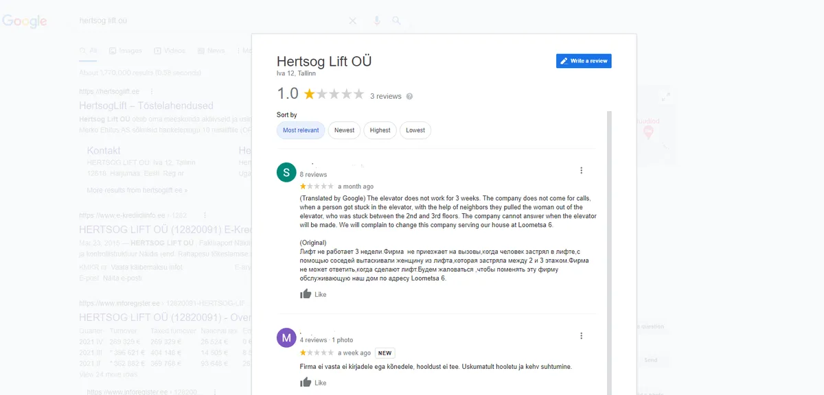 Фирме по обслуживанию лифтов в Google оставляли лишь негативные комментарии