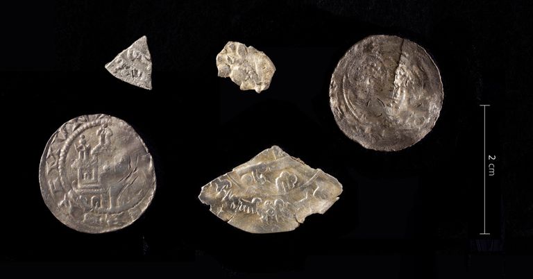 2017. aastal Tõnismägi 11a kinnistult leitud muinasaegsed mündid: kaks 10. sajandi Araabia hõbemündi – dirhemi – katket (ülal vasakul ja all paremal) ning kolm 11. sajandi lõpu Saksa denaari
