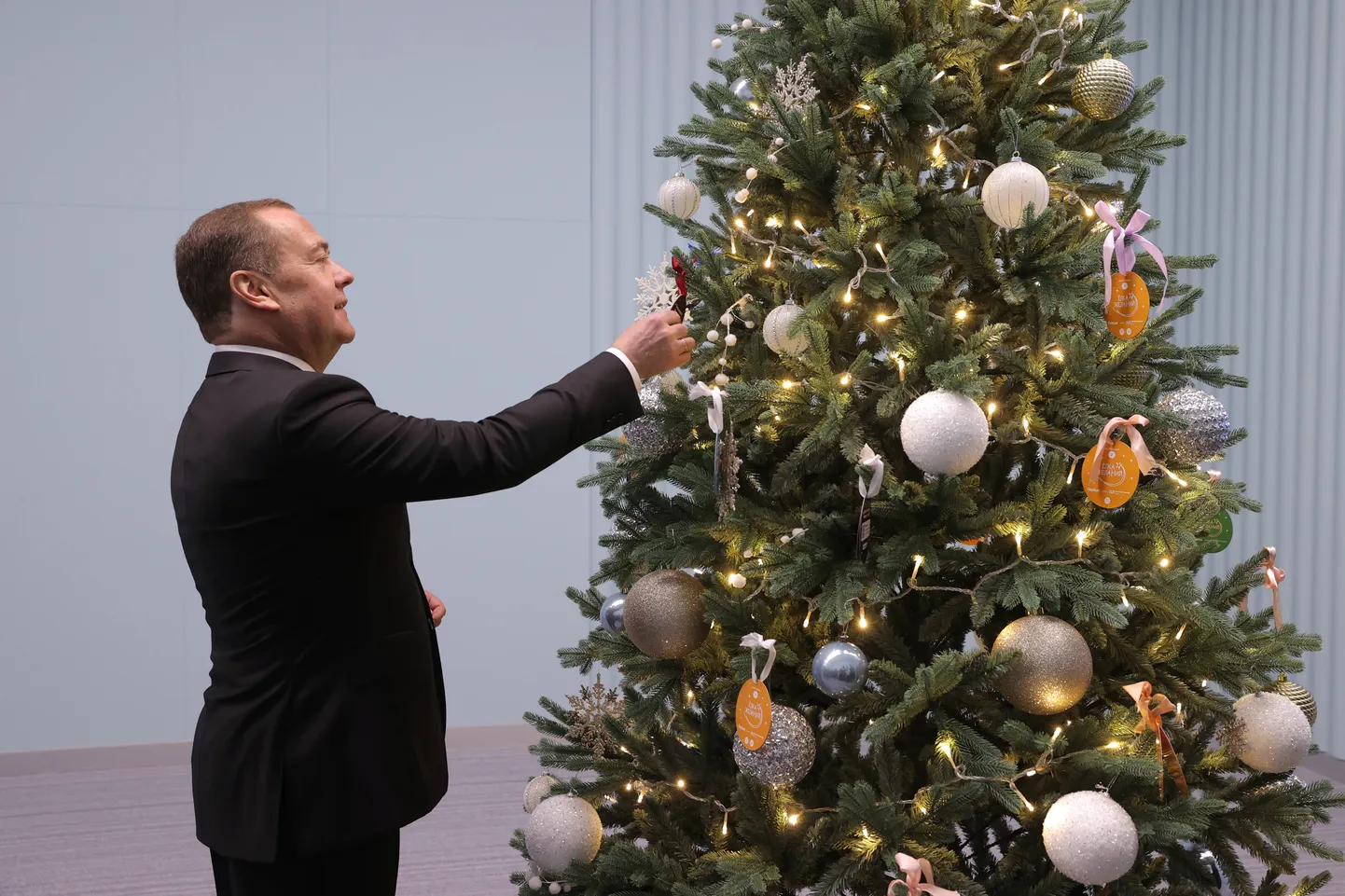 Venemaa julgeolekunõukogu aseesimees ja erakonna Ühtne Venemaa juht Dmitri Medvedev osales 14. detsembril 2024 Moskvas toimunud partei Ühtne Venemaa 22. kongressi järel heategevuskampaanias «Uusaasta soovide puu».