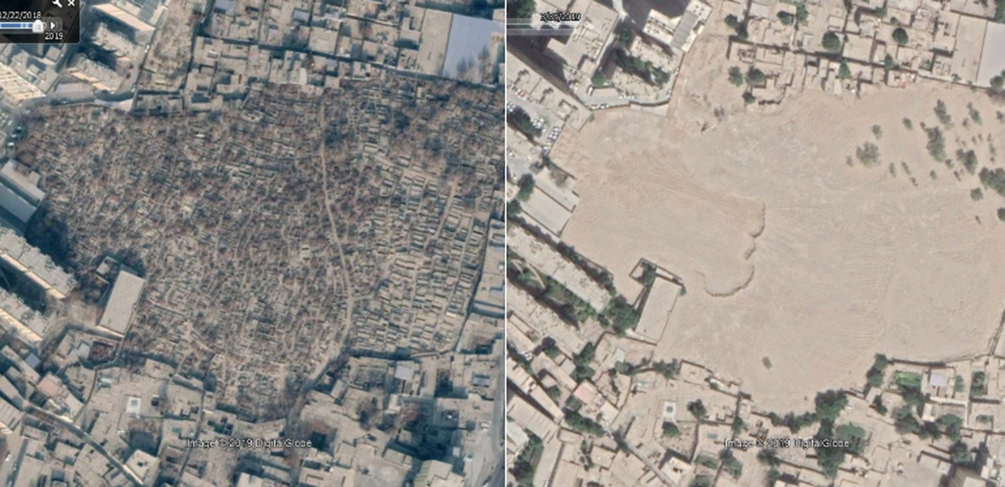 Satelliitfotode võrdlus, mis tõestab Hotani keskse uiguuride kalmistu hävitamist.