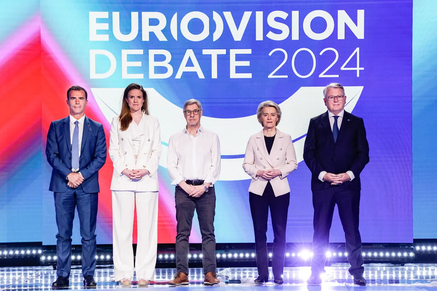 Üle-Euroopaliste parteiperede esinumbrid ning seega Euroopa Komisjoni presidendikandidaadid Sandro Gozi, Terry Reintke, Walter Baier, Ursula von der Leyen ja Nicolas Schmit debatil Euroopa Parlamendis 23. mail 2024. aastal Brüsselis.